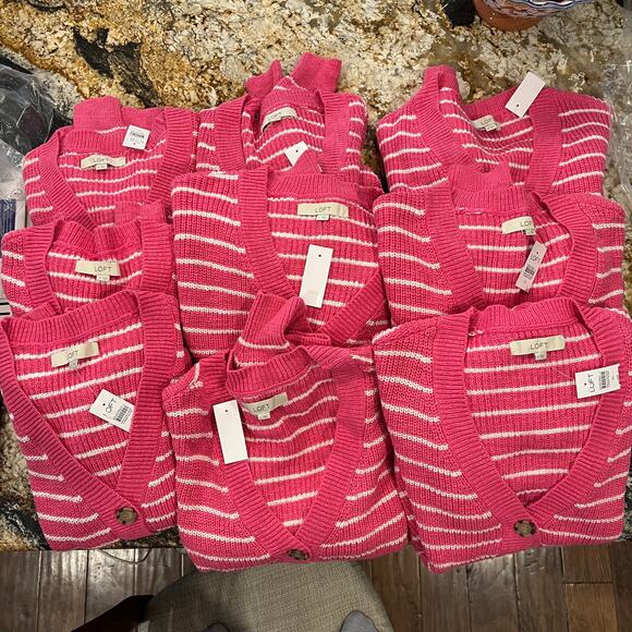 NWT LOFT Neon Pink and White Striped Relaxed V-Neck Cardigan - Picture 10 of 10